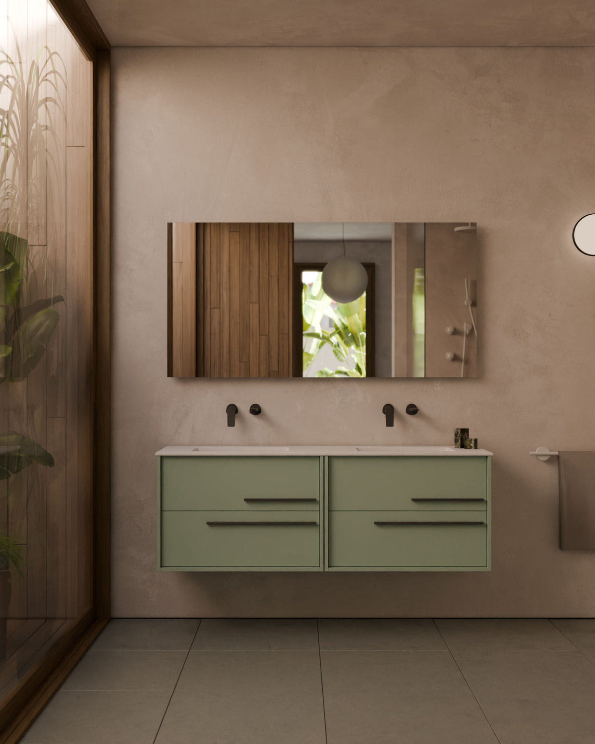 Marel 4 tiroirs Double vasque Vert Kitami Graphite – avec plan vasque Toren Blanc, Tablier 2 cm, sans trou de robinet, vue de face