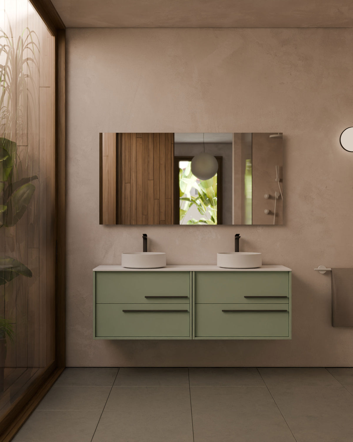 Marel 4 tiroirs Double vasque Vert Kitami Graphite – avec plan de travail Blanc, vue de face