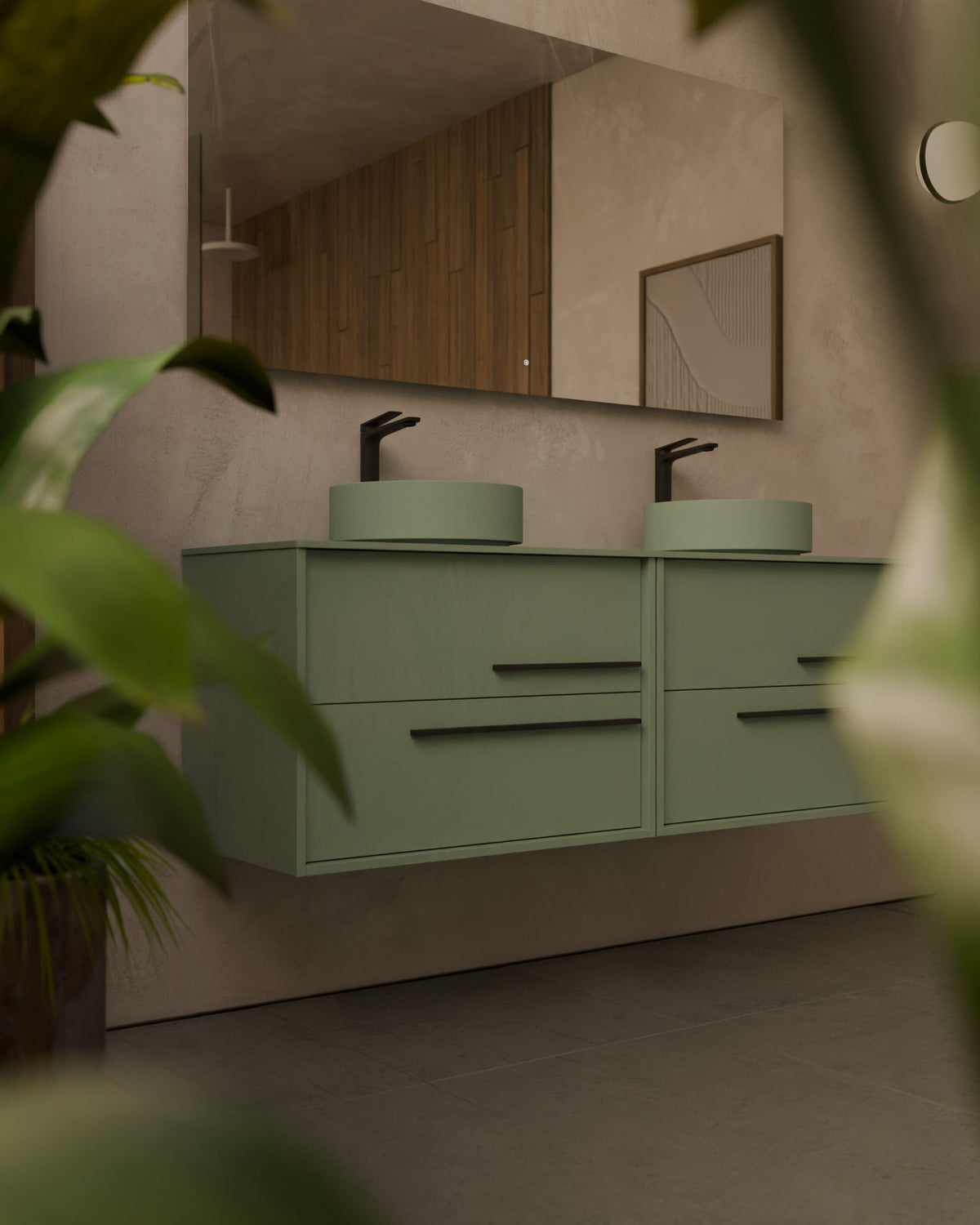 Marel 4 tiroirs Double vasque Vert Kitami Graphite – avec plan de travail Vert Kitami, gros plan