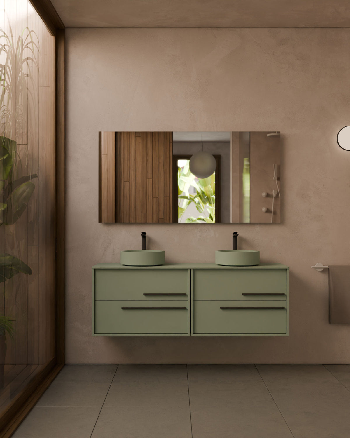 Marel 4 tiroirs Double vasque Vert Kitami Graphite – avec plan de travail Vert Kitami, vue de face