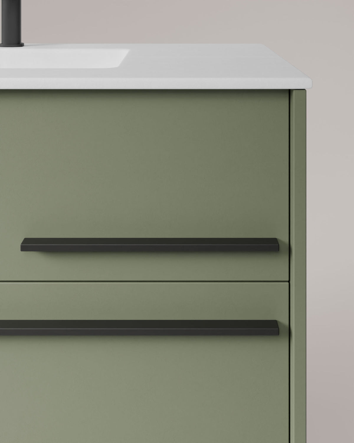 Marel 4 tiroirs Double vasque Vert Kitami Graphite – avec plan vasque Toren Blanc, Tablier 2 cm, sans trou de robinet, vue de détail