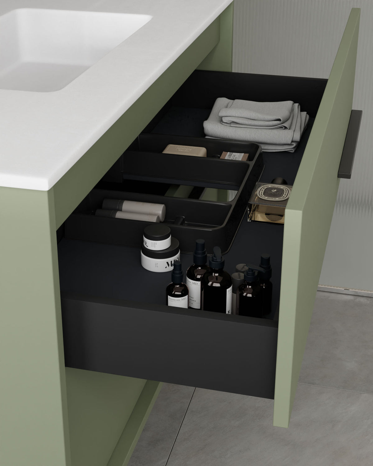 Marel 4 tiroirs Double vasque Vert Kitami Graphite – avec plan vasque Toren Blanc, Tablier 2 cm, sans trou de robinet, vue du tiroir