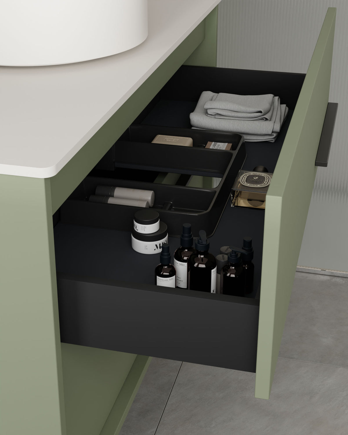 Marel 4 tiroirs Double vasque Vert Kitami Graphite – avec plan de travail Blanc, vue du tiroir