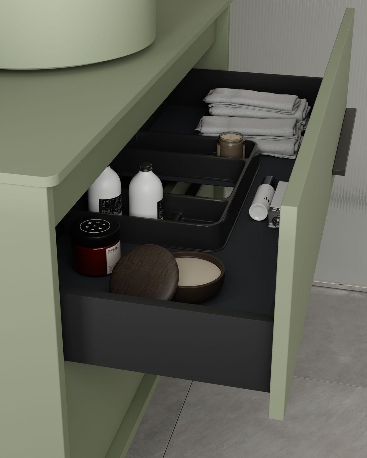 Marel 4 tiroirs Double vasque Vert Kitami Graphite – avec plan de travail Vert Kitami, vue du tiroir