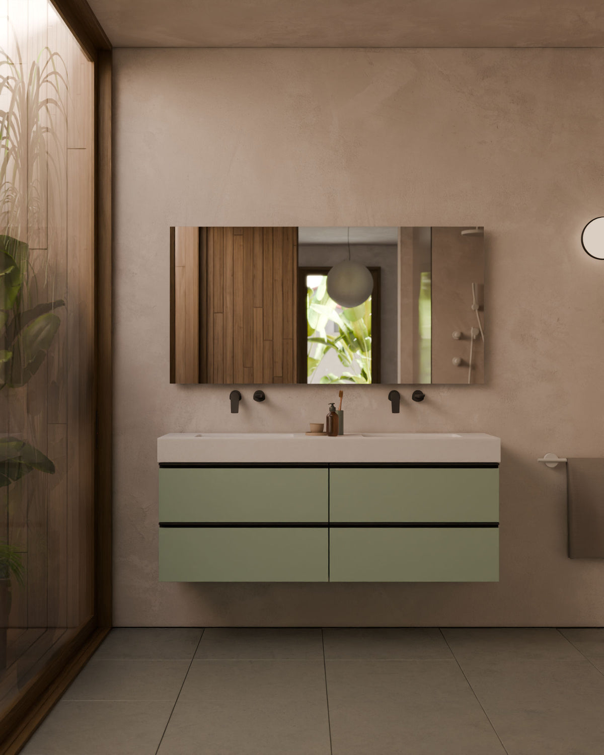 Ronda 4 tiroirs Double vasque Vert Kitami Noir – avec plan vasque Toren Blanc, Tablier 10 cm, sans trou de robinet, vue de face
