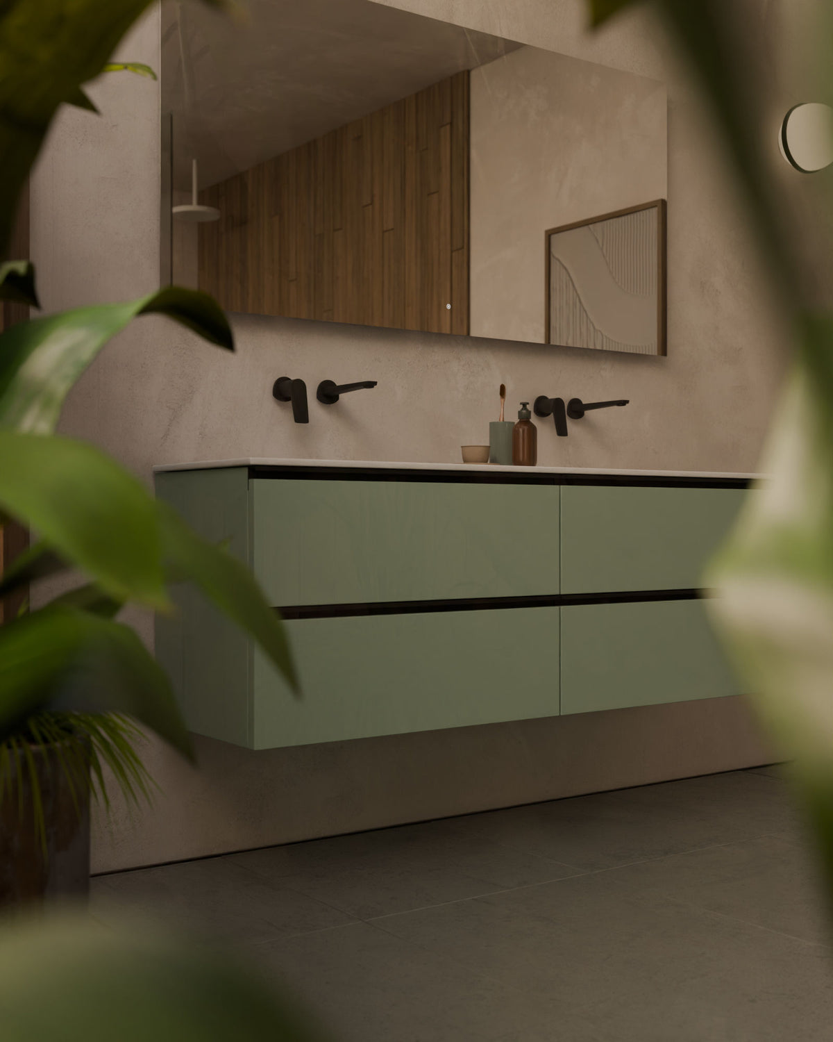 Ronda 4 tiroirs Double vasque Vert Kitami Noir – avec plan vasque Toren Blanc, Tablier 2 cm, sans trou de robinet, gros plan