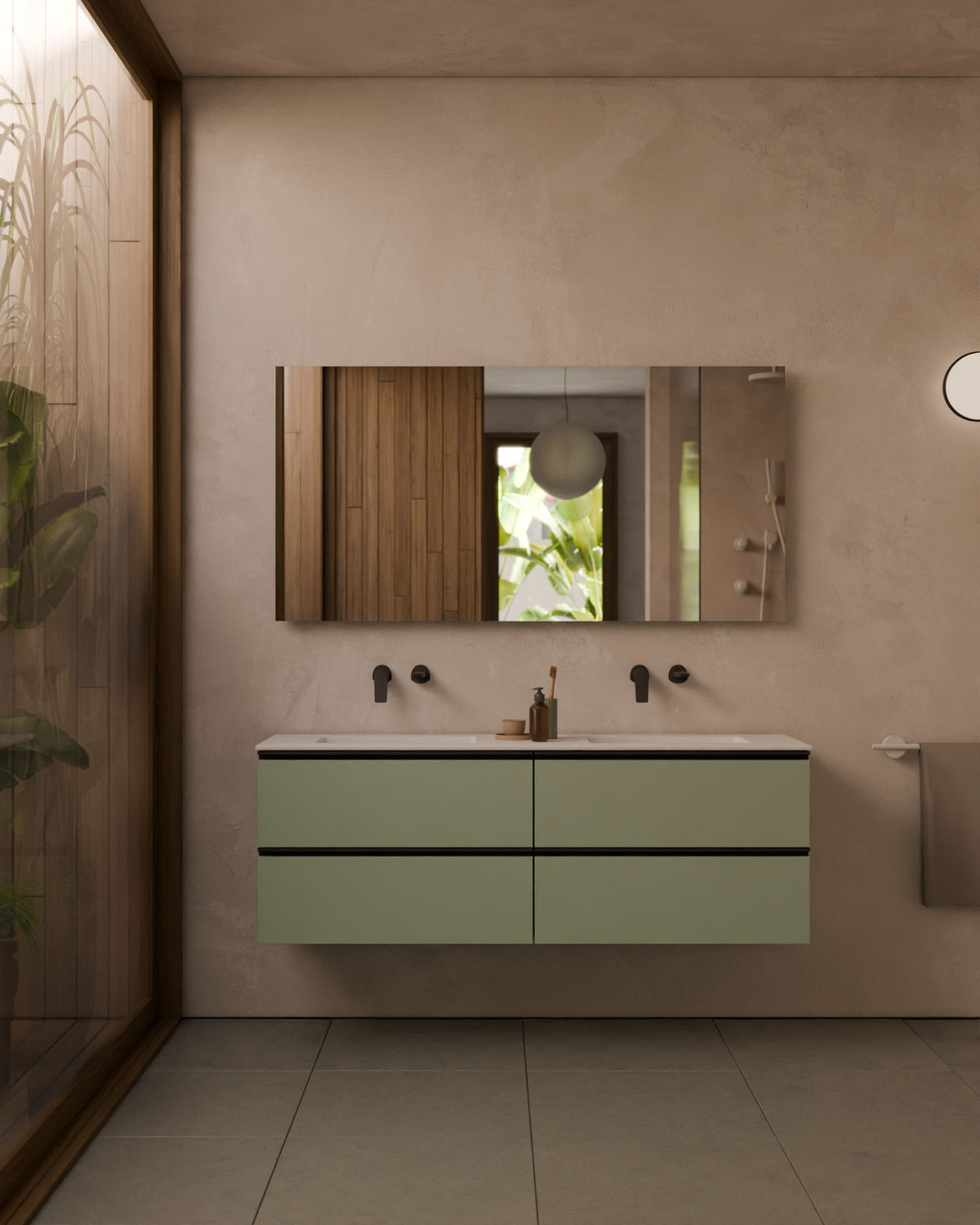 Ronda 4 tiroirs Double vasque Vert Kitami Noir – avec plan vasque Toren Blanc, Tablier 2 cm, sans trou de robinet, vue de face