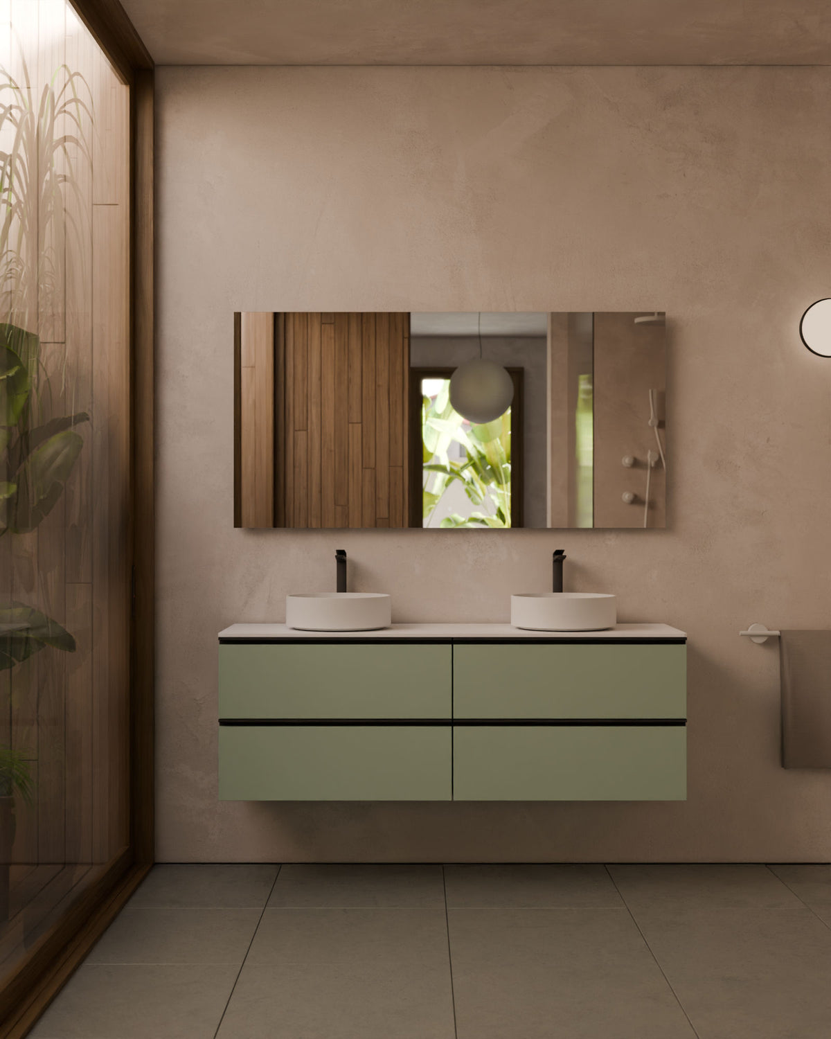 Ronda 4 tiroirs Double vasque Vert Kitami Noir – avec plan de travail Blanc, vue de face