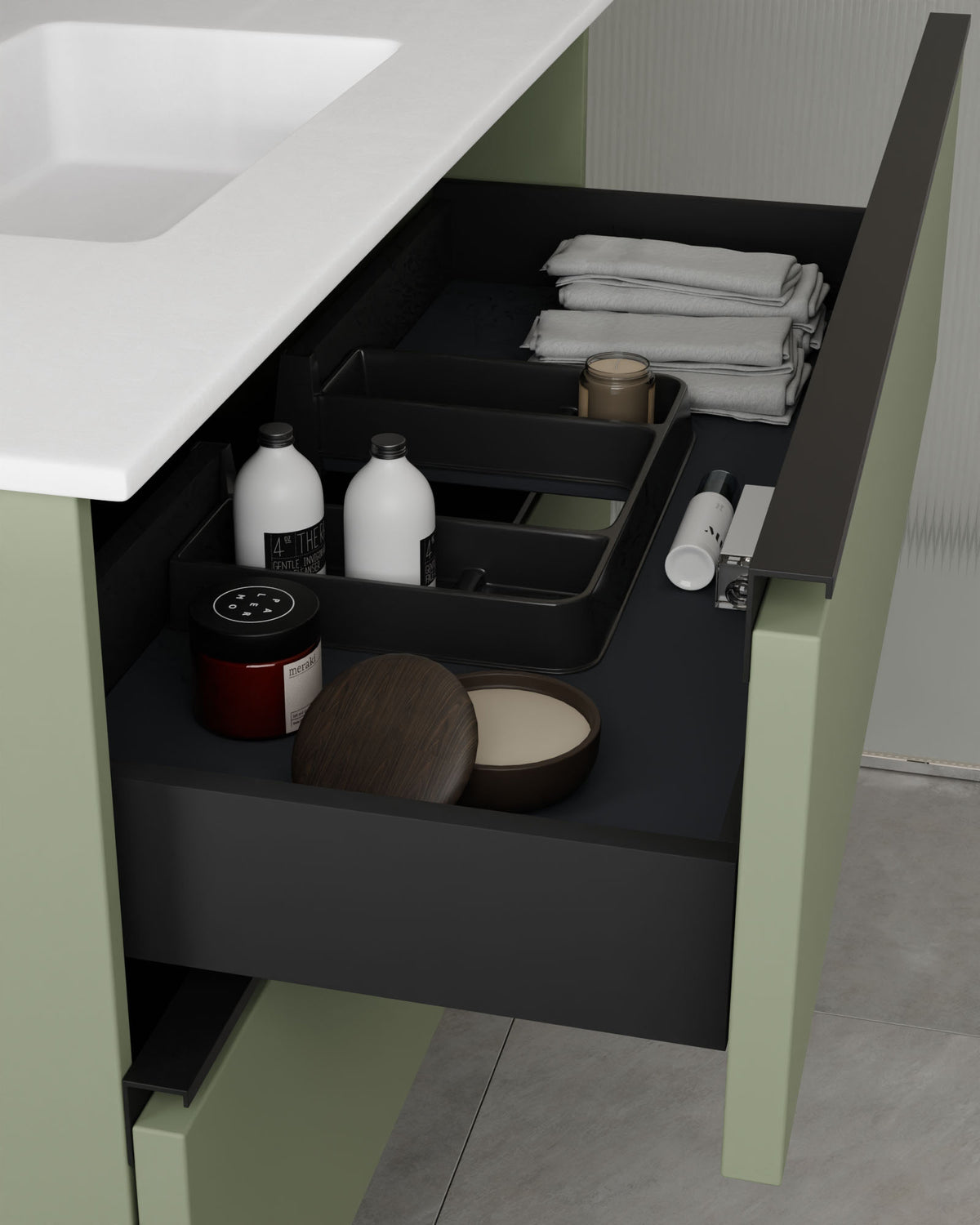 Ronda 4 tiroirs Double vasque Vert Kitami Noir – avec plan vasque Toren Blanc, Tablier 2 cm, sans trou de robinet, vue du tiroir