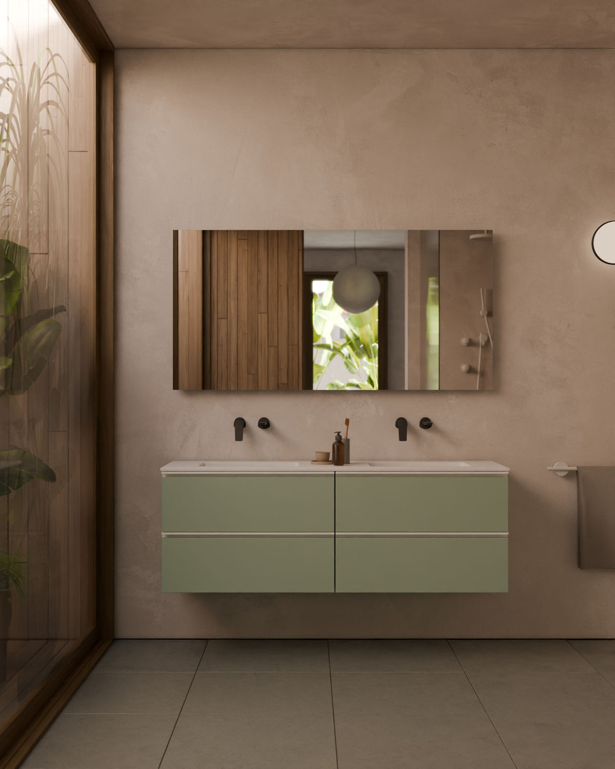 Ronda 4 cajones Doble seno Verde Kitami Blanco – con lavabo integrado Toren Blanco, Faldón 2 cm, sin agujero de grifo, vista frontal