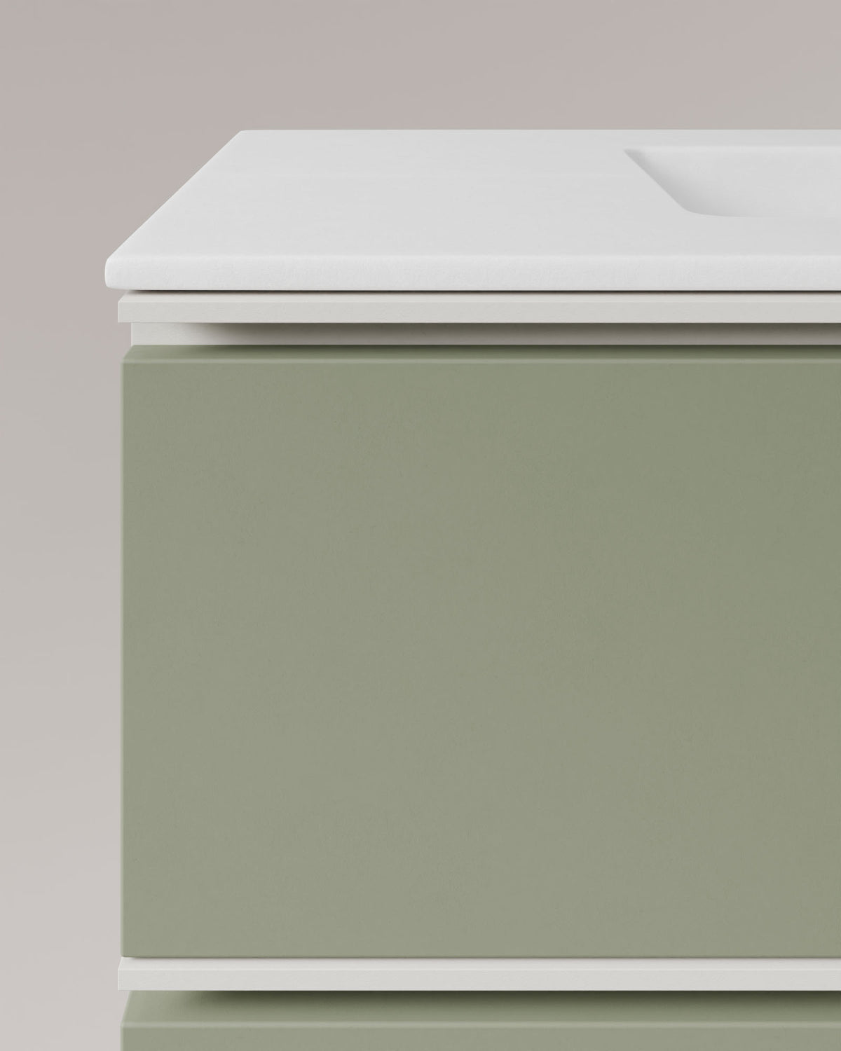 Ronda 4 cajones Doble seno Verde Kitami Blanco – con lavabo integrado Toren Blanco, Faldón 2 cm, sin agujero de grifo, vista de detalle
