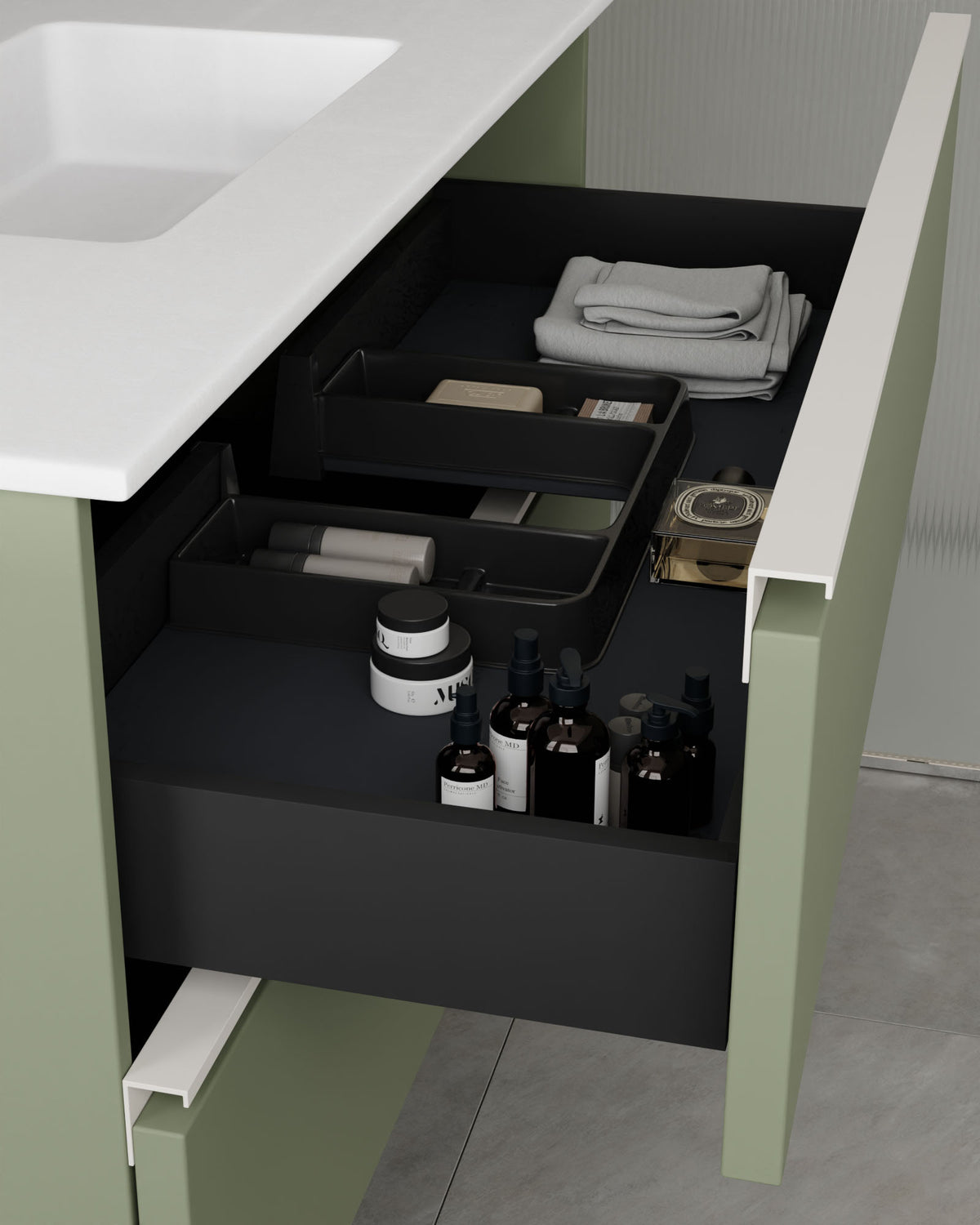 Ronda 4 cajones Doble seno Verde Kitami Blanco – con lavabo integrado Toren Blanco, Faldón 2 cm, con agujero de grifo, vista del cajón