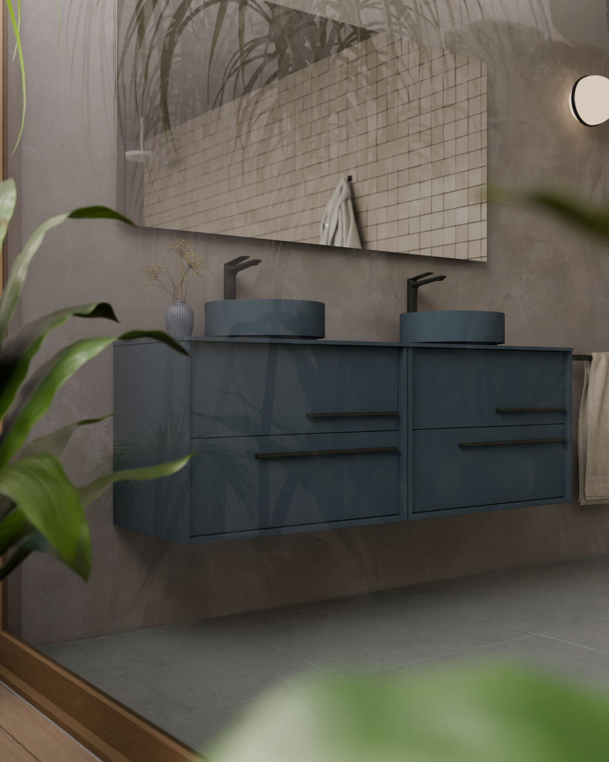 Marel 4 tiroirs Double vasque Bleu Brise Graphite – avec plan de travail Bleu Brise, gros plan