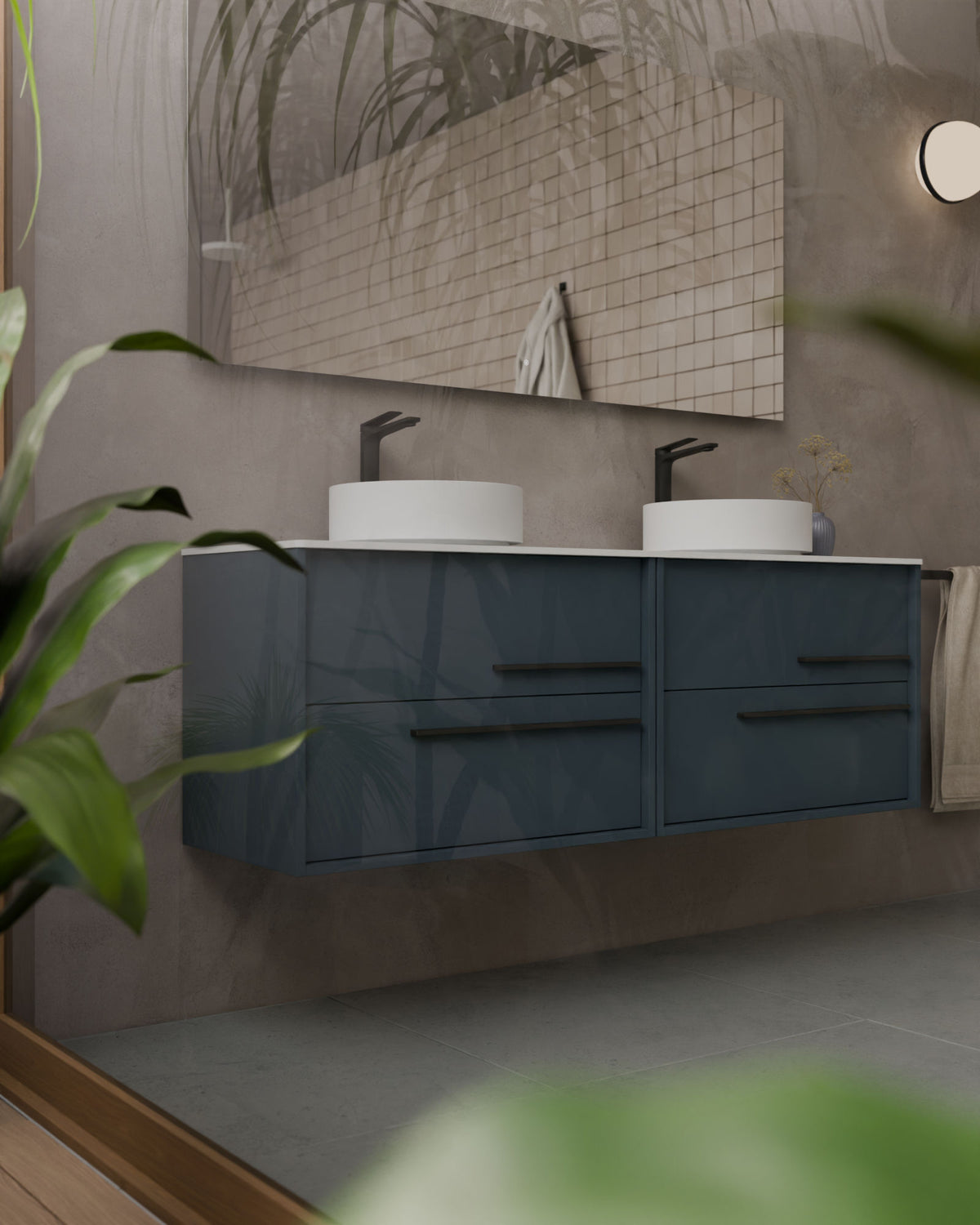 Marel 4 tiroirs Double vasque Bleu Brise Graphite – avec plan de travail Blanc, gros plan