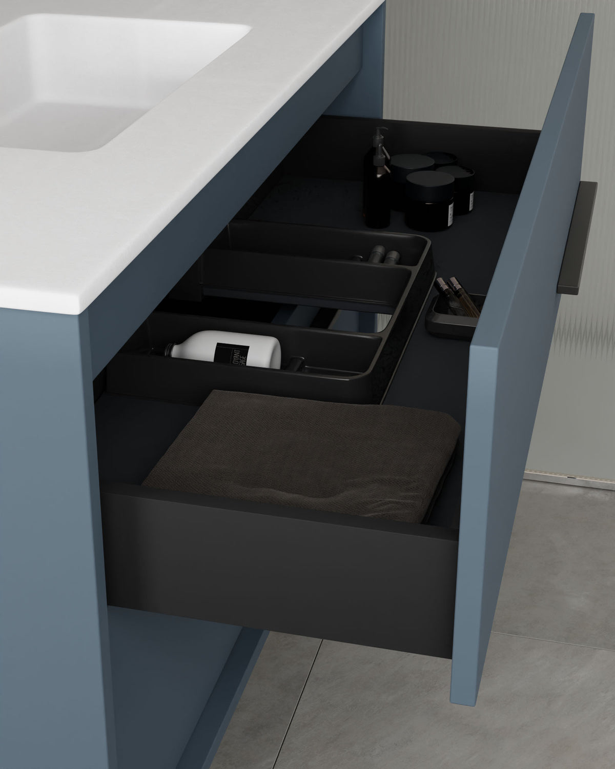 Marel 4 tiroirs Double vasque Bleu Brise Graphite – avec plan vasque Toren Blanc, Tablier 2 cm, sans trou de robinet, vue du tiroir