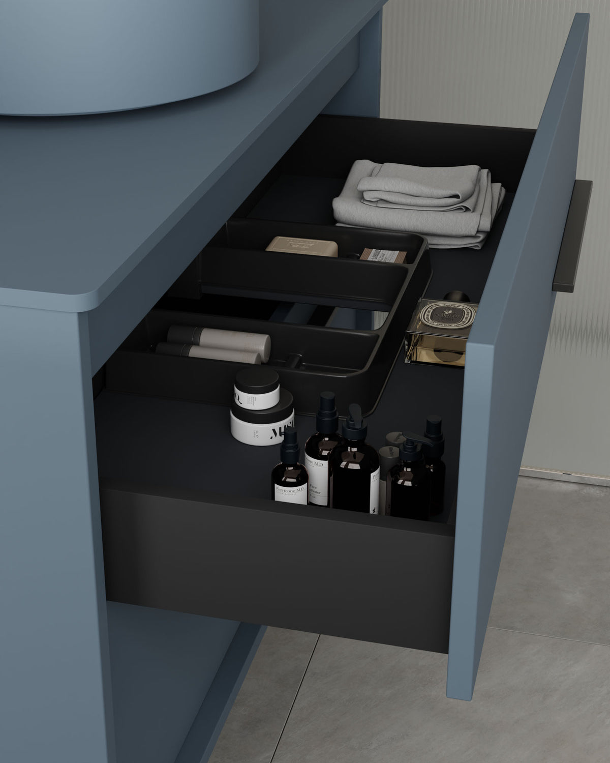 Marel 4 tiroirs Double vasque Bleu Brise Graphite – avec plan de travail Bleu Brise, vue du tiroir