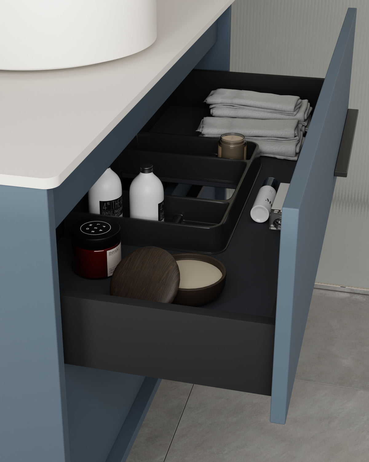 Marel 4 tiroirs Double vasque Bleu Brise Graphite – avec plan de travail Blanc, vue du tiroir