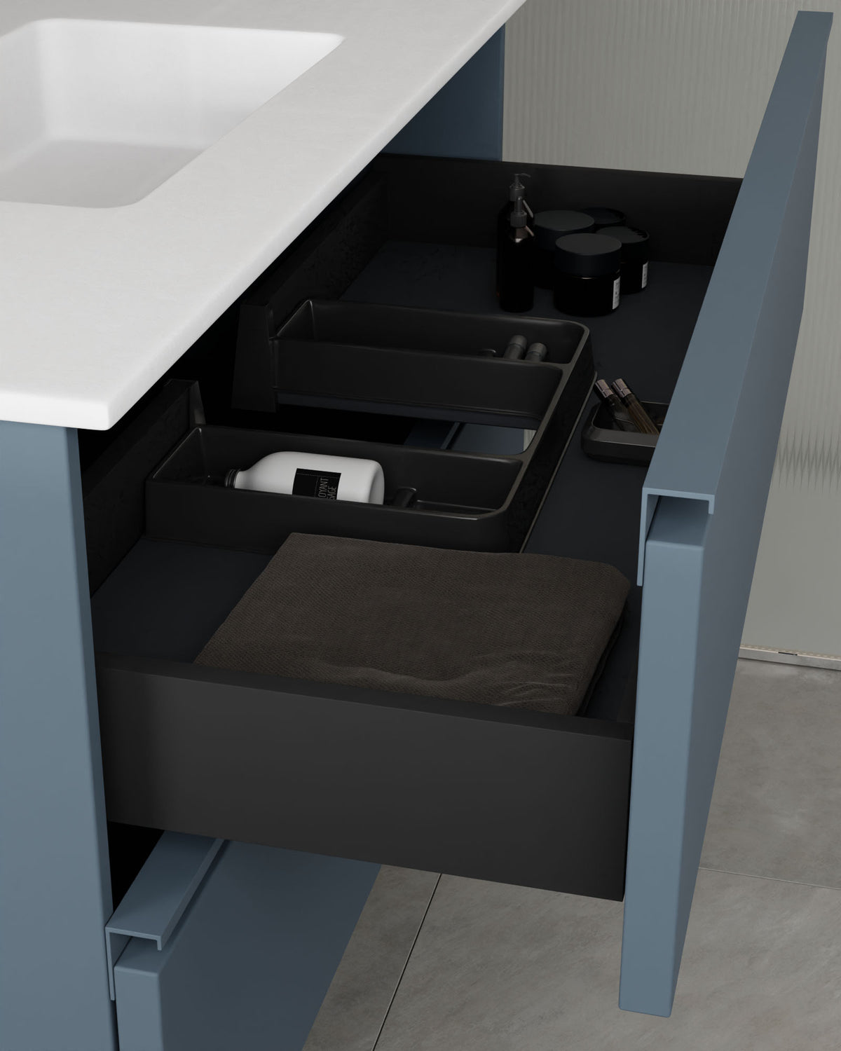 Ronda 4 tiroirs Double vasque Bleu Brise Bleu Brise – avec plan vasque Toren Blanc, Tablier 2 cm, sans trou de robinet, vue du tiroir