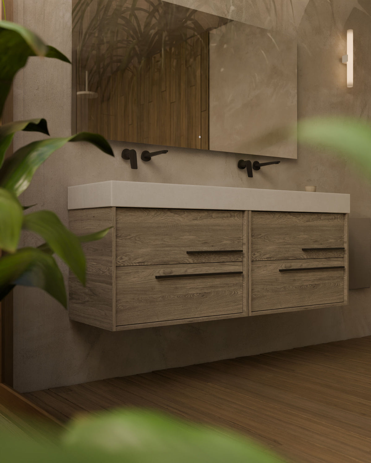 Marel 4 cajones Doble seno Roble Natural Grafito – con lavabo integrado Toren Blanco, Faldón 10 cm, sin agujero de grifo, primer plano