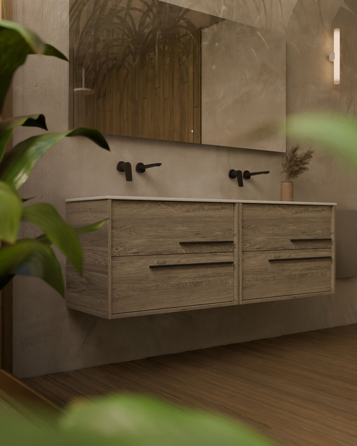 Marel 4 cajones Doble seno Roble Natural Grafito – con lavabo integrado Toren Blanco, Faldón 2 cm, sin agujero de grifo, primer plano