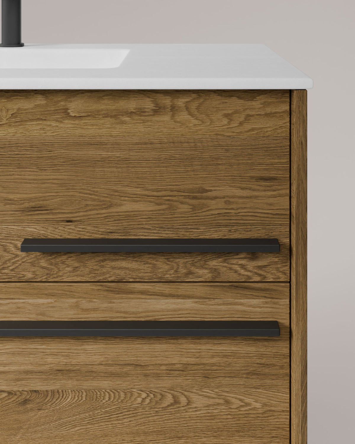 Marel 4 cajones Doble seno Roble Natural Grafito – con lavabo integrado Toren Blanco, Faldón 2 cm, sin agujero de grifo, vista de detalle