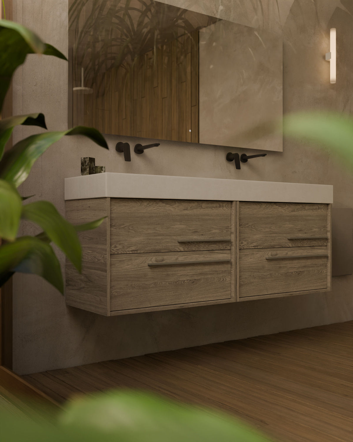 Marel 4 cajones Doble seno Roble Natural Cuarzo – con lavabo integrado Toren Blanco, Faldón 10 cm, sin agujero de grifo, primer plano
