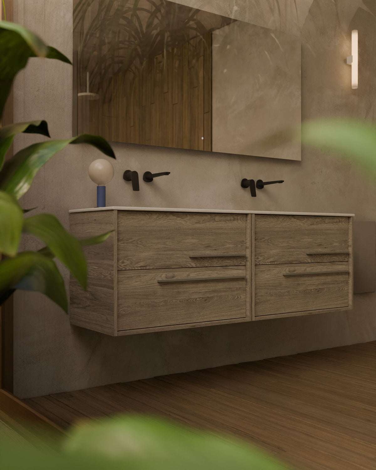 Marel 4 cajones Doble seno Roble Natural Cuarzo – con lavabo integrado Toren Blanco, Faldón 2 cm, sin agujero de grifo, primer plano