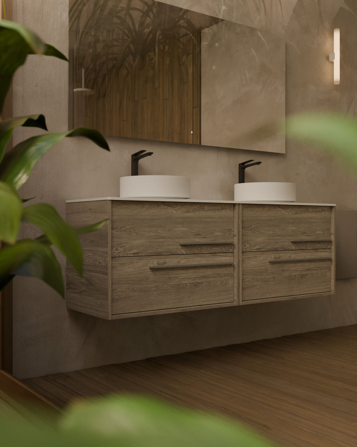 Marel 4 cajones Doble seno Roble Natural Cuarzo – con encimera Blanco, primer plano