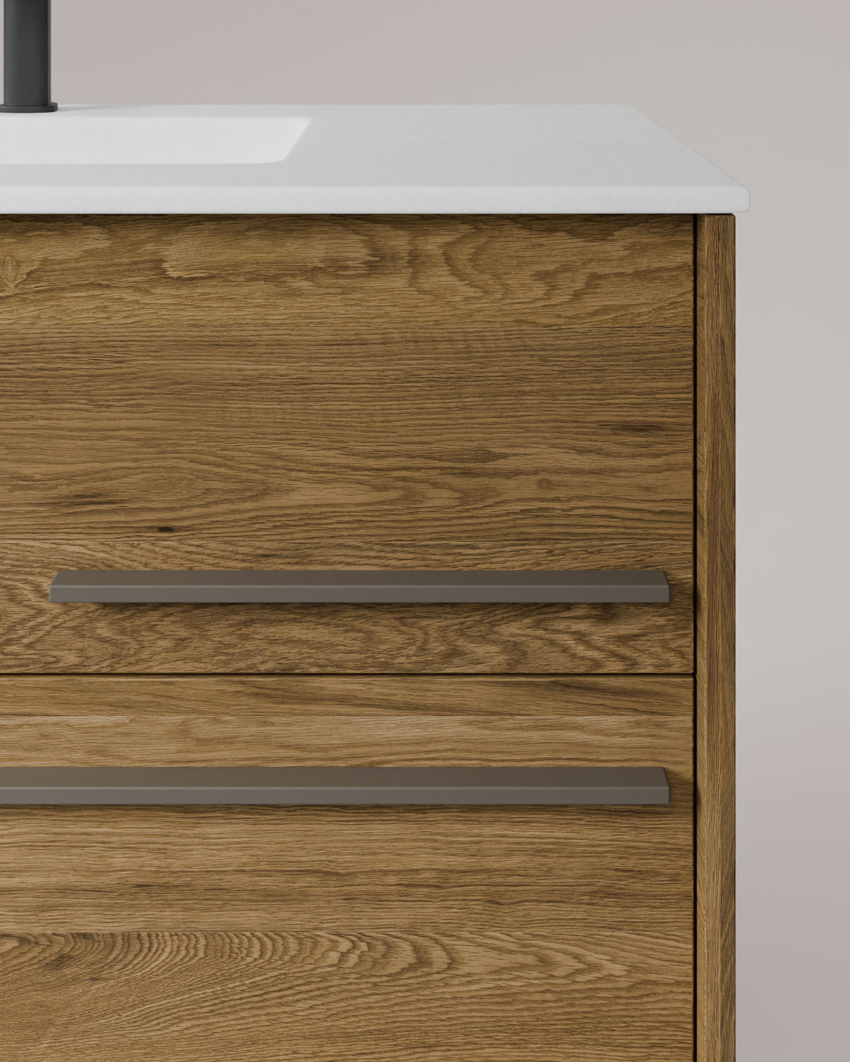Marel 4 cajones Doble seno Roble Natural Cuarzo – con lavabo integrado Toren Blanco, Faldón 2 cm, sin agujero de grifo, vista de detalle