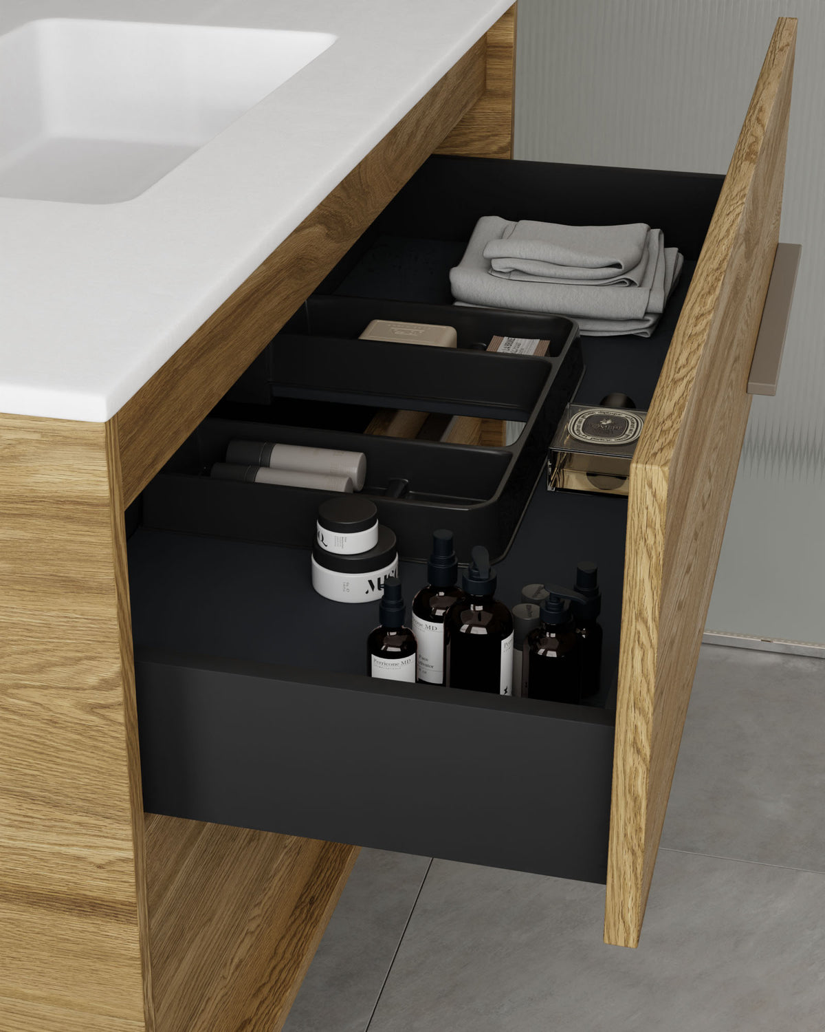 Marel 4 cajones Doble seno Roble Natural Cuarzo – con lavabo integrado Toren Blanco, Faldón 2 cm, sin agujero de grifo, vista del cajón