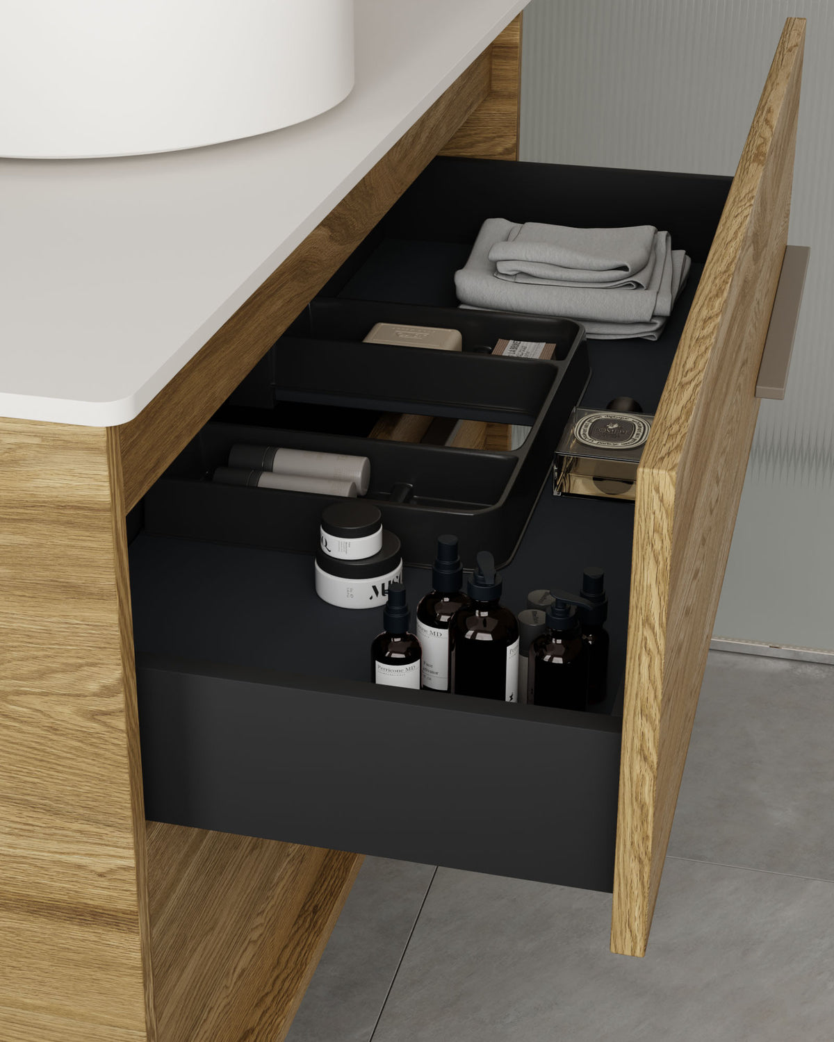 Marel 4 cajones Doble seno Roble Natural Cuarzo – con encimera Blanco, vista del cajón