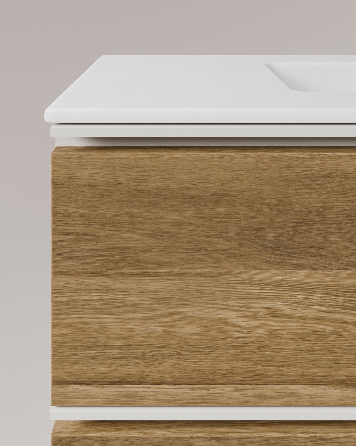 Ronda 4 cajones Doble seno Roble Natural Blanco – con lavabo integrado Toren Blanco, Faldón 2 cm, con agujero de grifo, vista de detalle