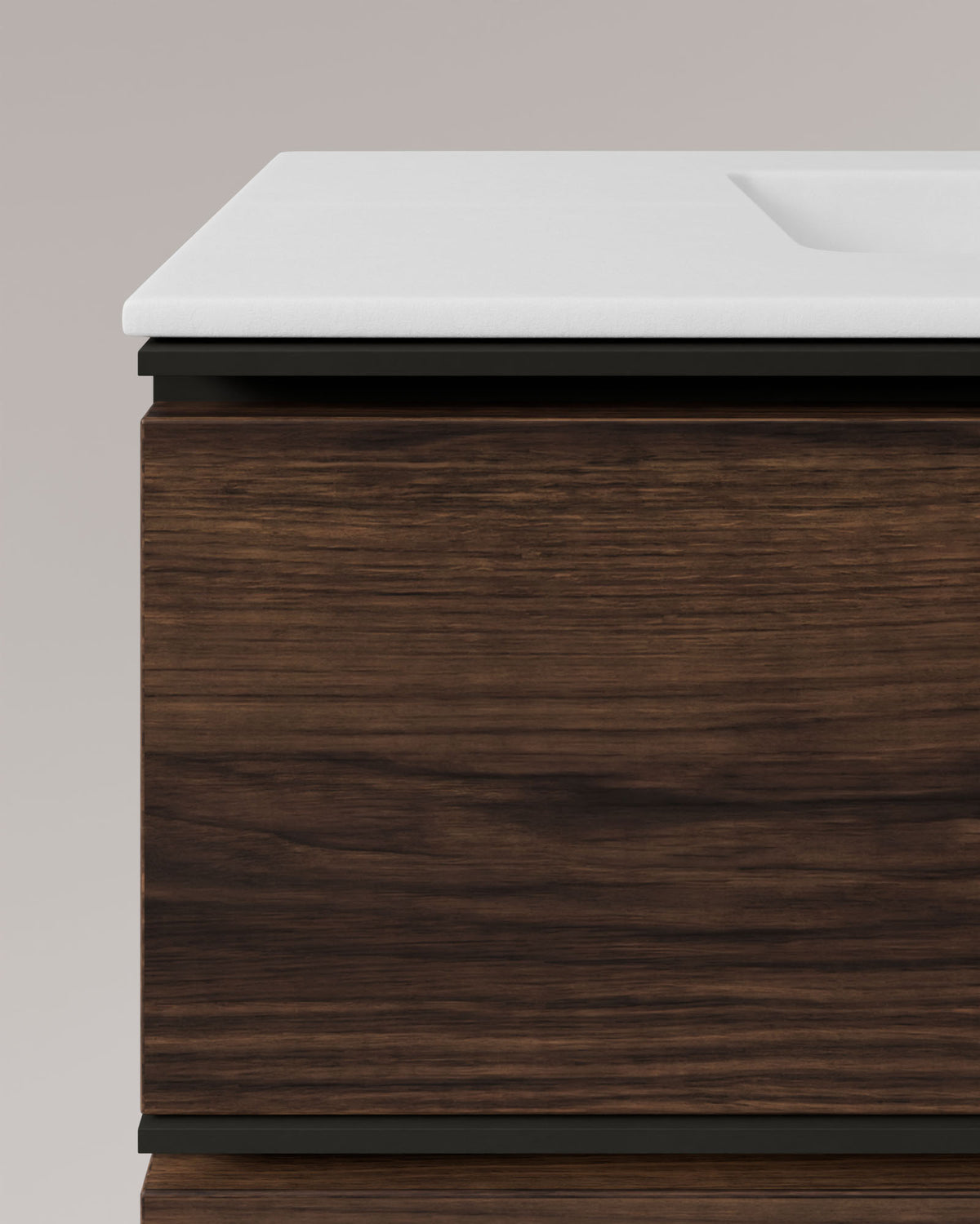 Ronda 4 tiroirs Double vasque Noyer Noir – avec plan vasque Toren Blanc, Tablier 2 cm, sans trou de robinet, vue de détail
