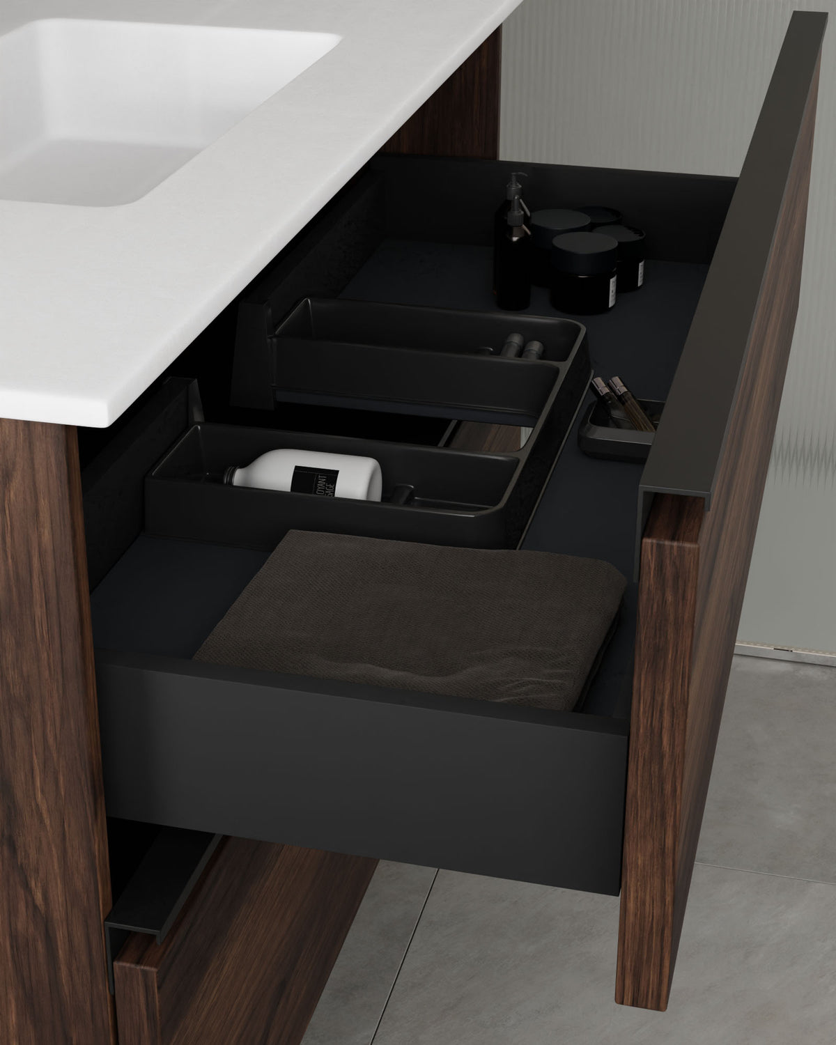 Ronda 4 tiroirs Double vasque Noyer Noir – avec plan vasque Toren Blanc, Tablier 2 cm, avec trou de robinet, vue du tiroir