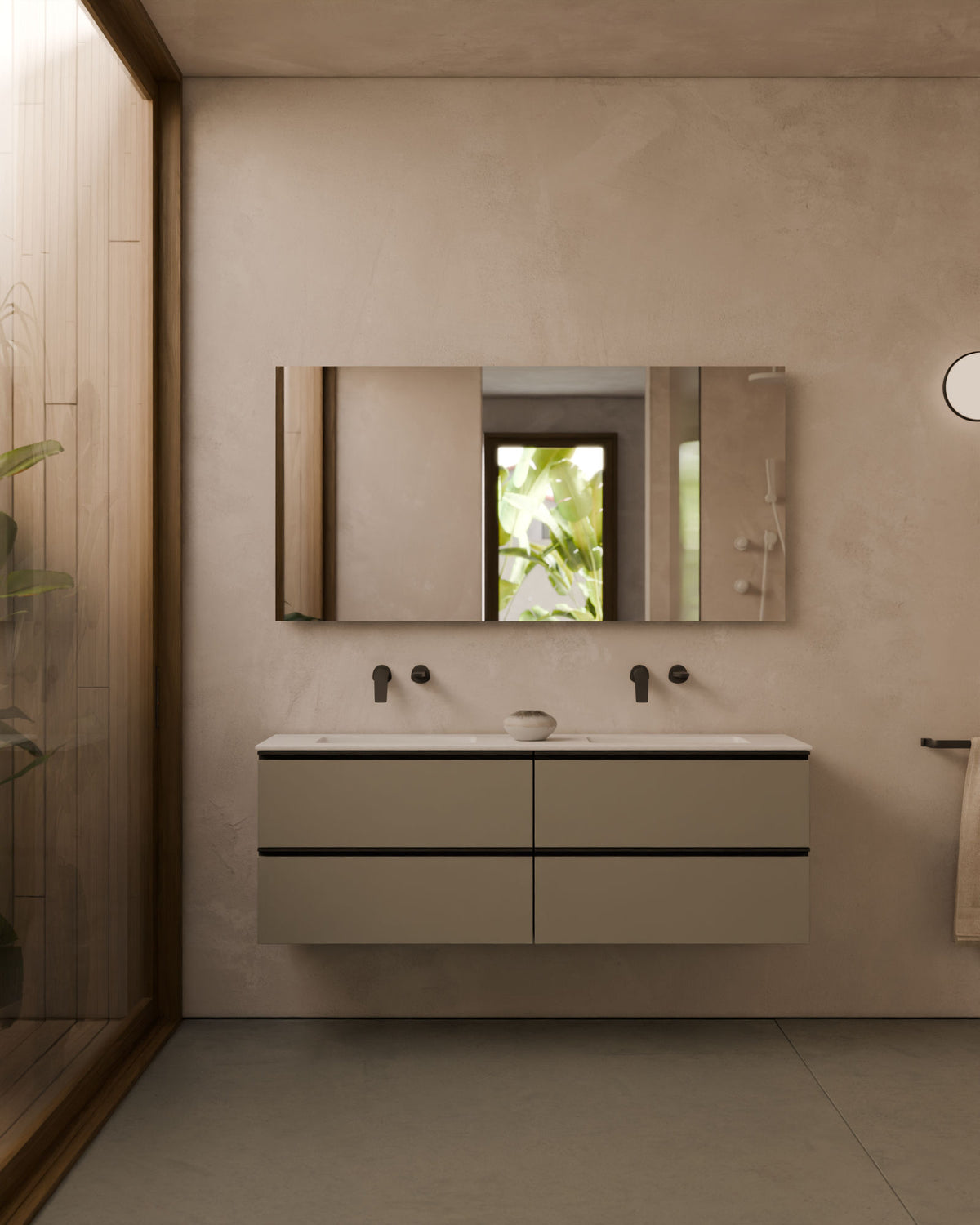 Ronda 4 cajones Doble seno Cuarzo Negro – con lavabo integrado Toren Blanco, Faldón 2 cm, sin agujero de grifo, vista frontal