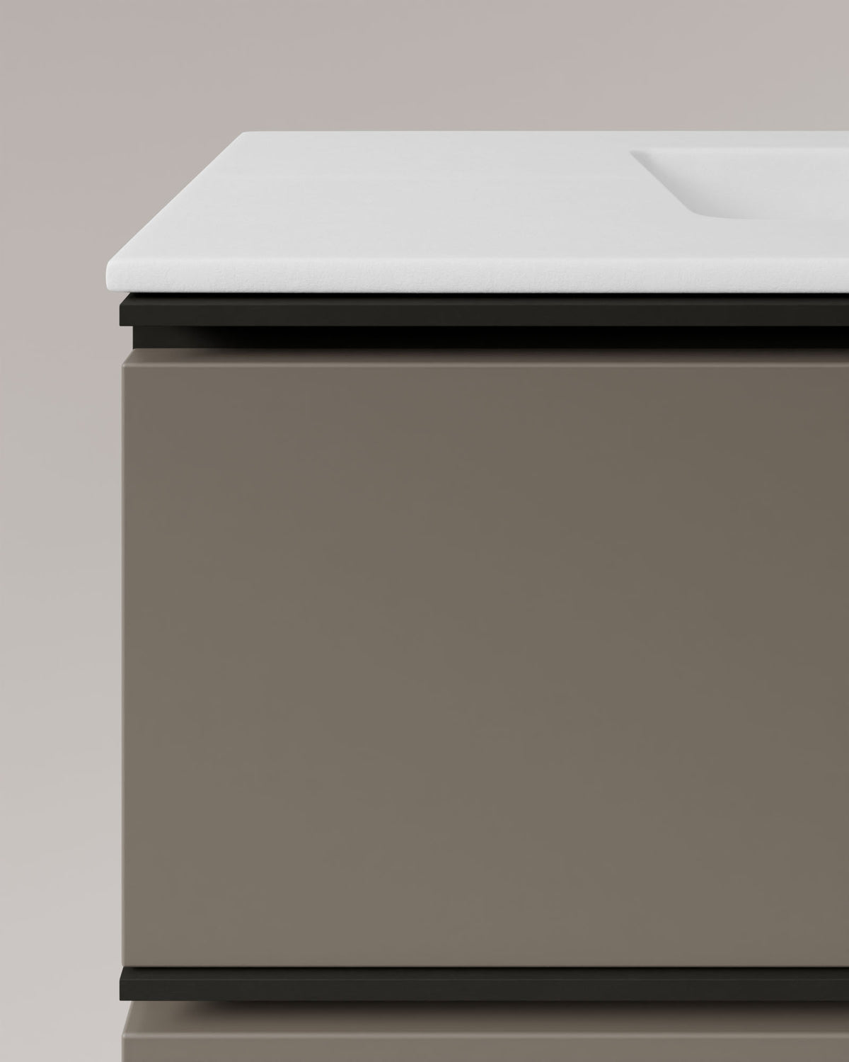 Ronda 4 cajones Doble seno Cuarzo Negro – con lavabo integrado Toren Blanco, Faldón 2 cm, con agujero de grifo, vista de detalle