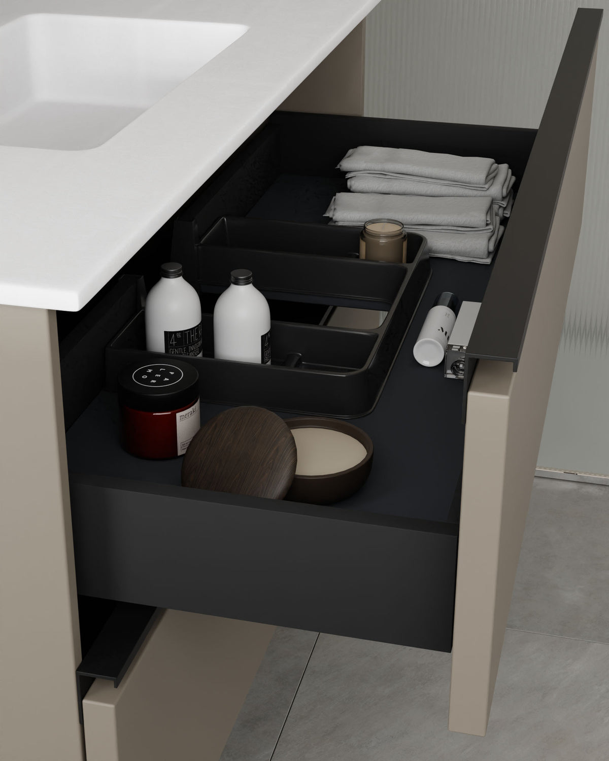 Ronda 4 cajones Doble seno Cuarzo Negro – con lavabo integrado Toren Blanco, Faldón 2 cm, sin agujero de grifo, vista del cajón