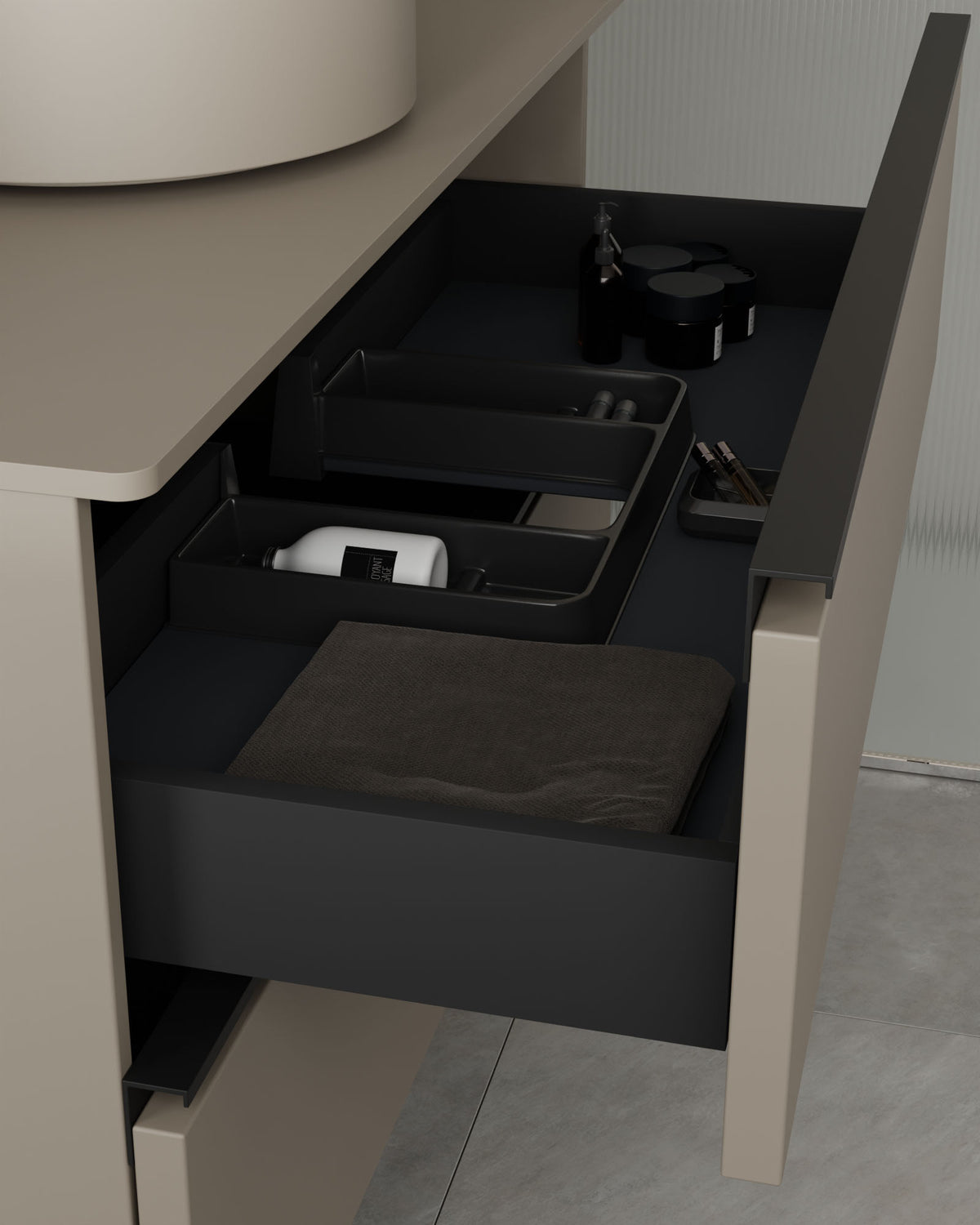 Ronda 4 cajones Doble seno Cuarzo Negro – con encimera Cuarzo, vista del cajón