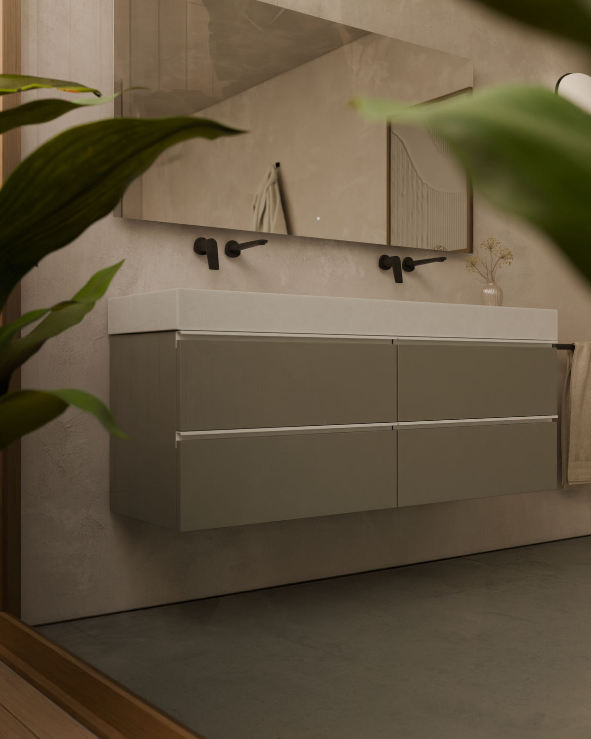 Ronda 4 cajones Doble seno Cuarzo Blanco – con lavabo integrado Toren Blanco, Faldón 10 cm, sin agujero de grifo, primer plano