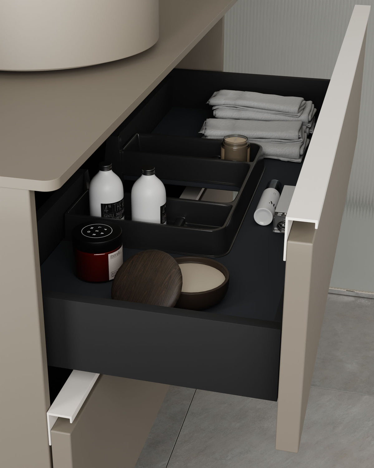 Ronda 4 cajones Doble seno Cuarzo Blanco – con encimera Cuarzo, vista del cajón