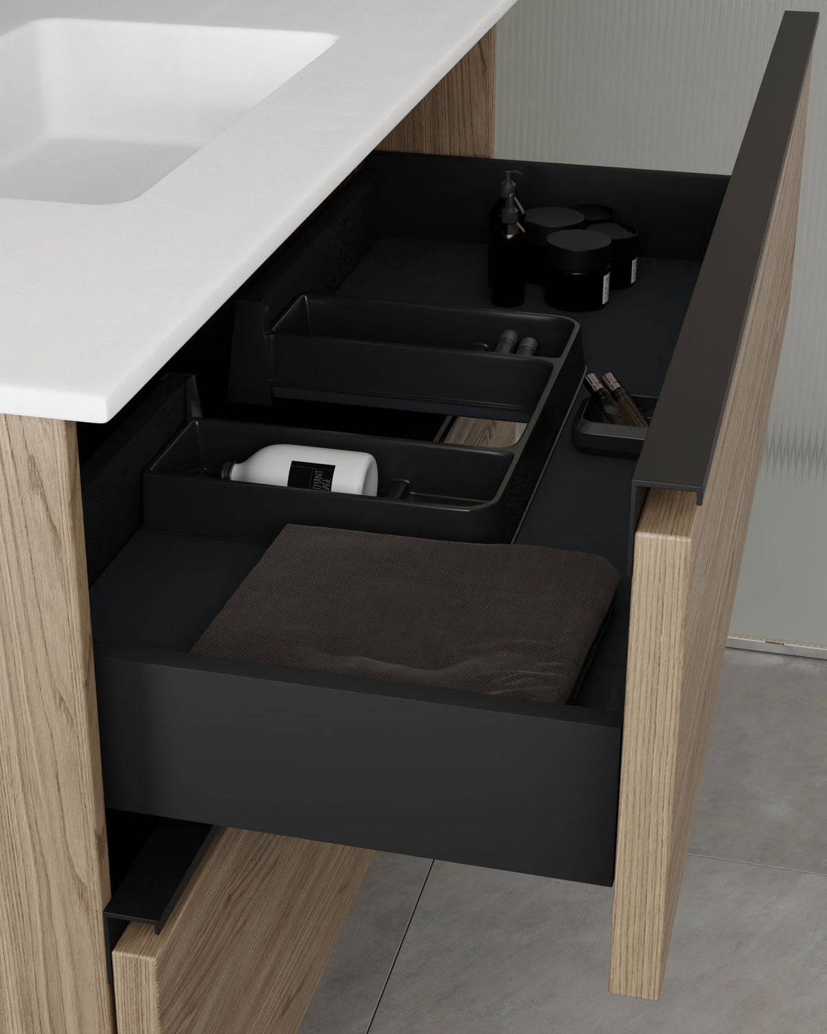 Ronda 4 tiroirs Double vasque Chene Fume Noir – avec plan vasque Toren Blanc, Tablier 2 cm, sans trou de robinet, vue du tiroir
