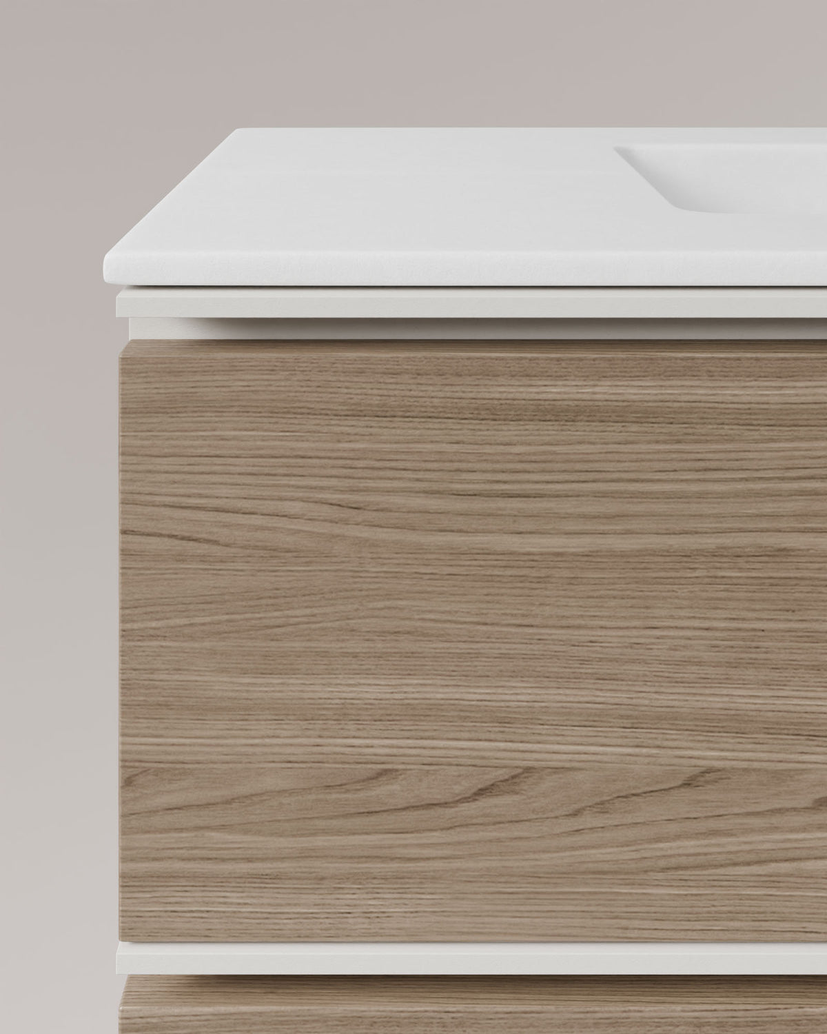 Ronda 4 tiroirs Double vasque Chene Fume Blanc – avec plan vasque Toren Blanc, Tablier 2 cm, avec trou de robinet, vue de détail