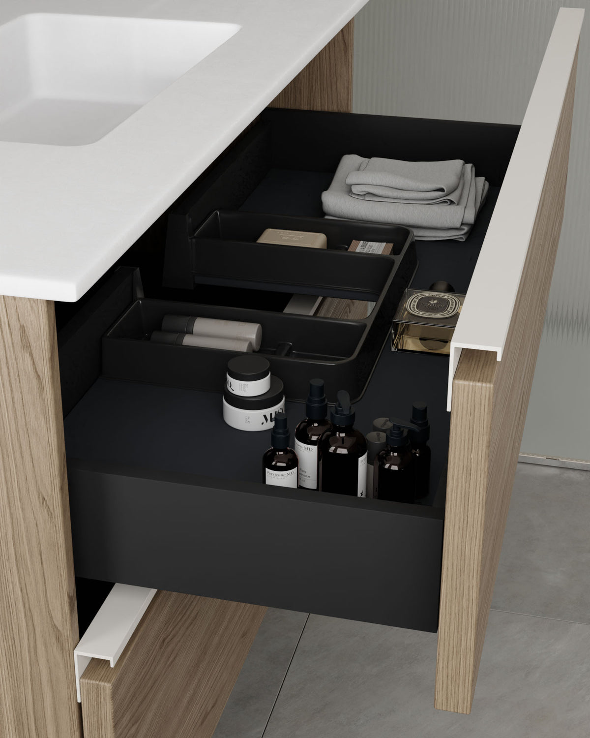 Ronda 4 tiroirs Double vasque Chene Fume Blanc – avec plan vasque Toren Blanc, Tablier 2 cm, sans trou de robinet, vue du tiroir