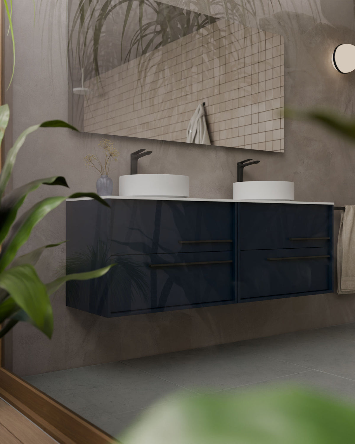 Marel 4 tiroirs Double vasque Saphir Graphite – avec plan de travail Blanc, gros plan