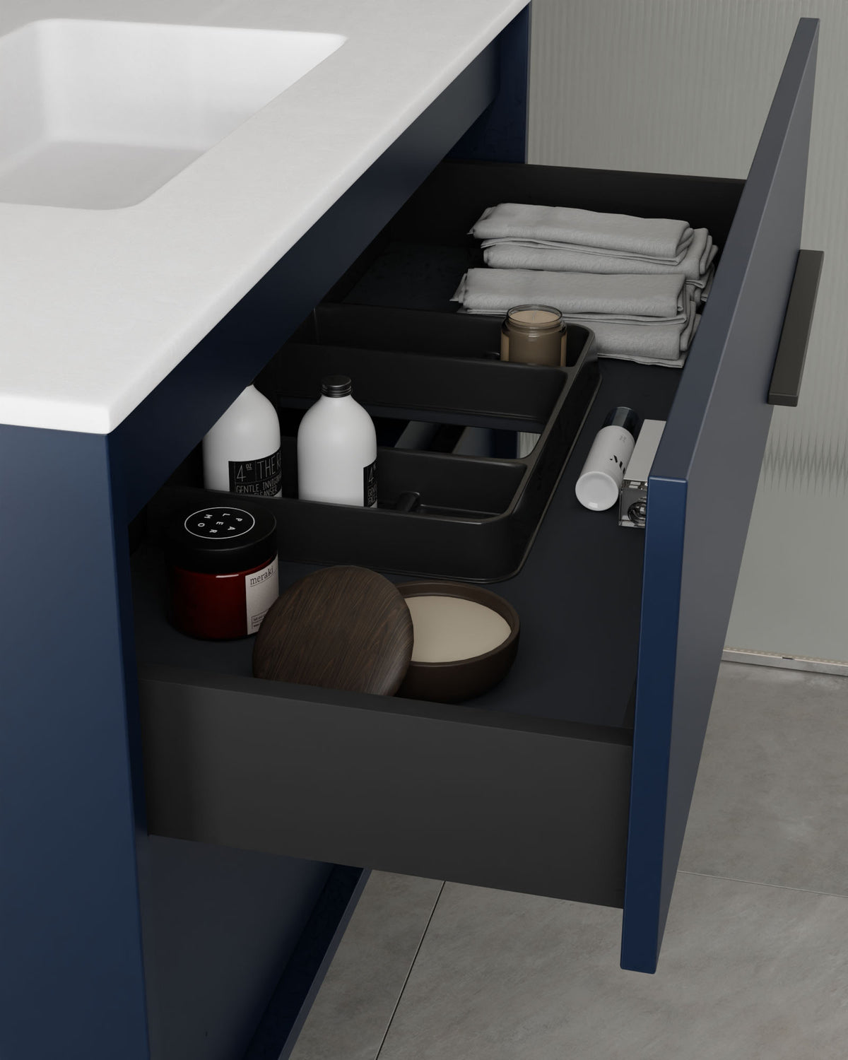 Marel 4 tiroirs Double vasque Saphir Graphite – avec plan vasque Toren Blanc, Tablier 2 cm, avec trou de robinet, vue du tiroir