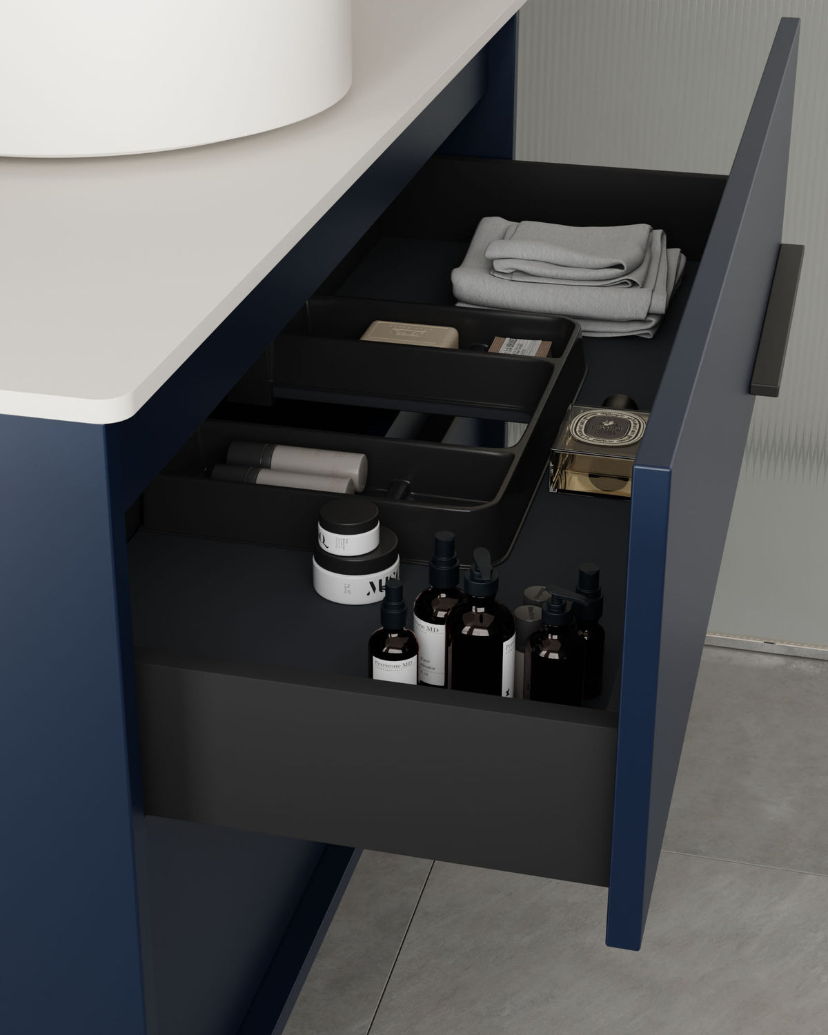 Marel 4 tiroirs Double vasque Saphir Graphite – avec plan de travail Blanc, vue du tiroir