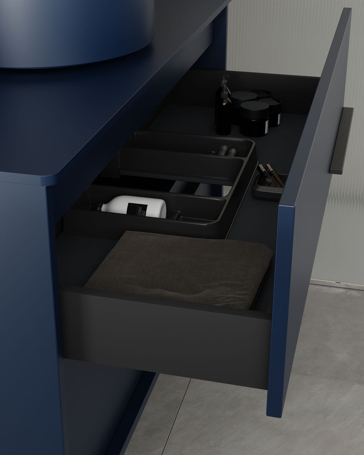 Marel 4 tiroirs Double vasque Saphir Graphite – avec plan de travail Saphir, vue du tiroir