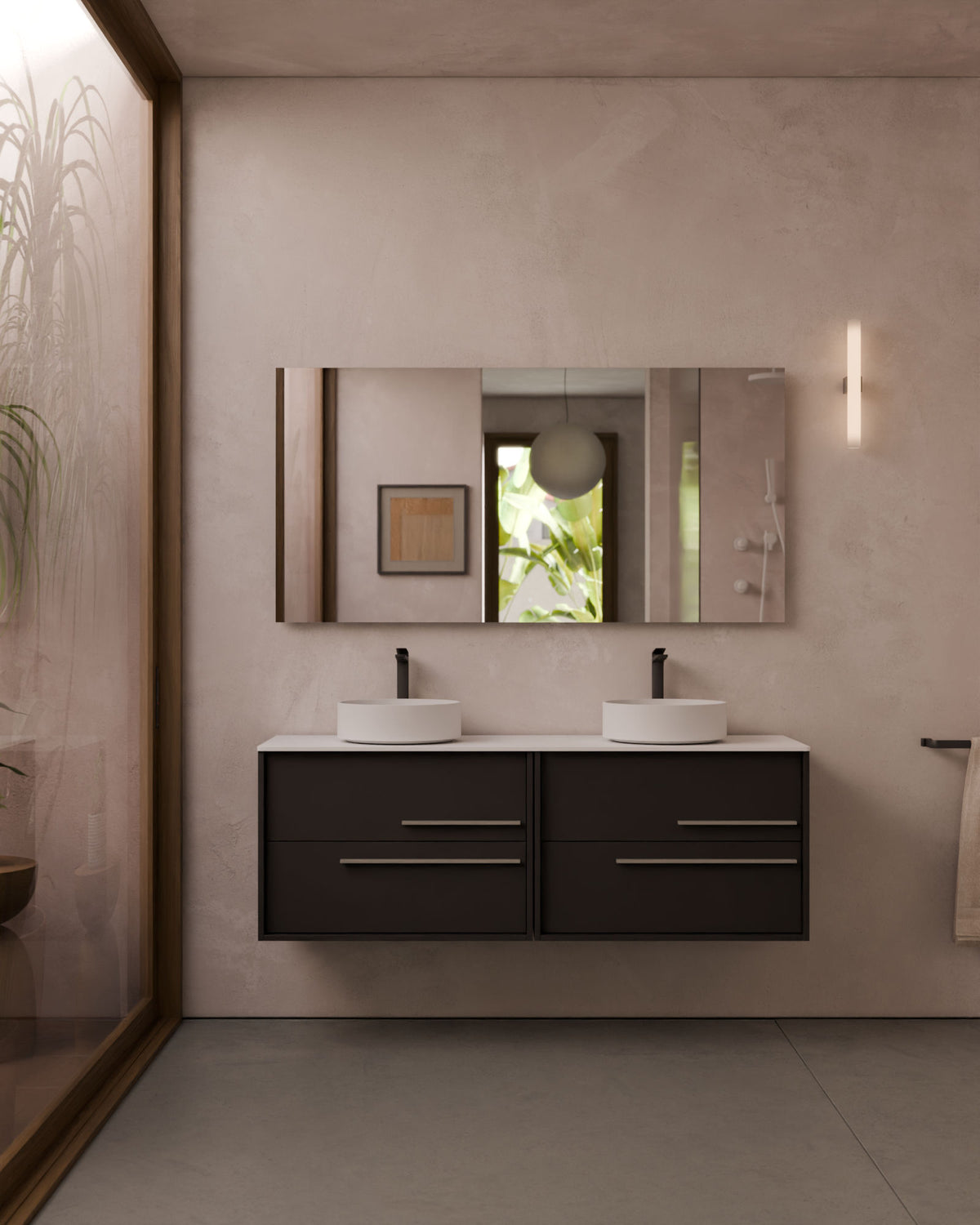 Marel 4 tiroirs Double vasque Noir Quartz – avec plan de travail Blanc, vue de face