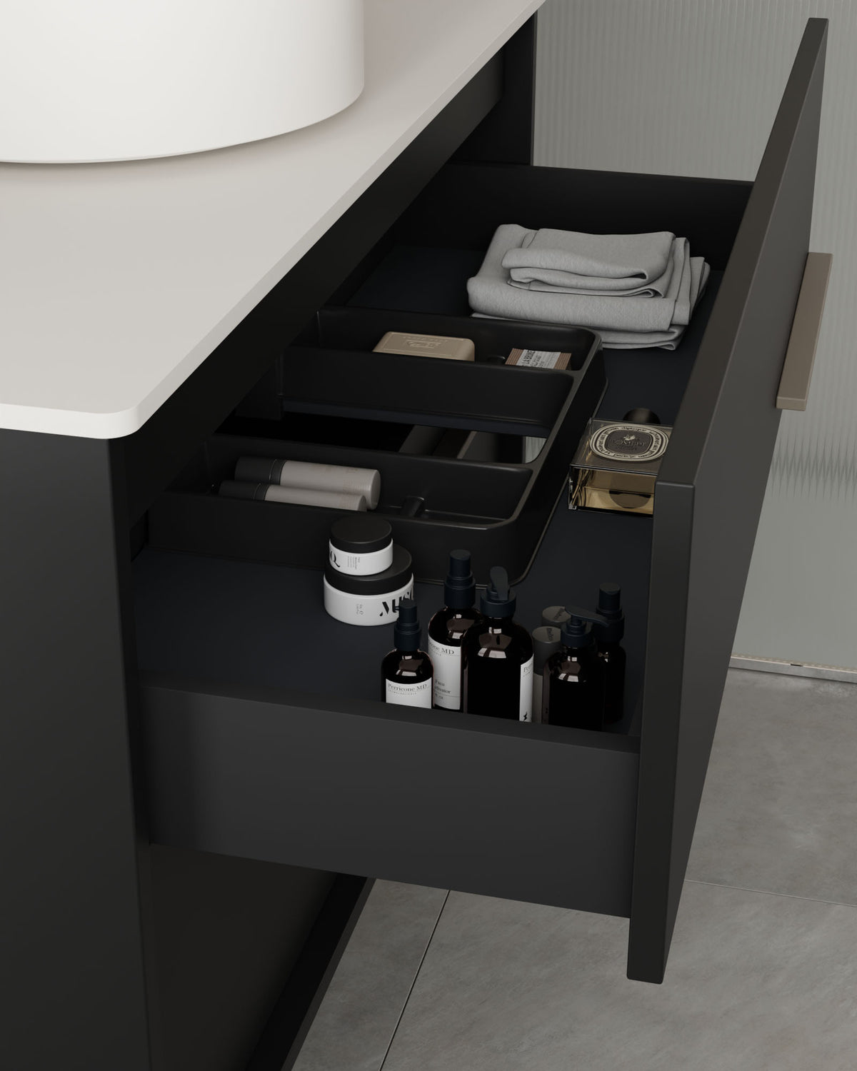 Marel 4 tiroirs Double vasque Noir Quartz – avec plan de travail Blanc, vue du tiroir