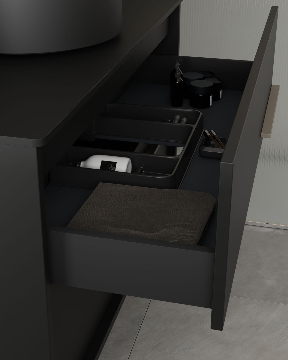 Marel 4 tiroirs Double vasque Noir Quartz – avec plan de travail Noir, vue du tiroir